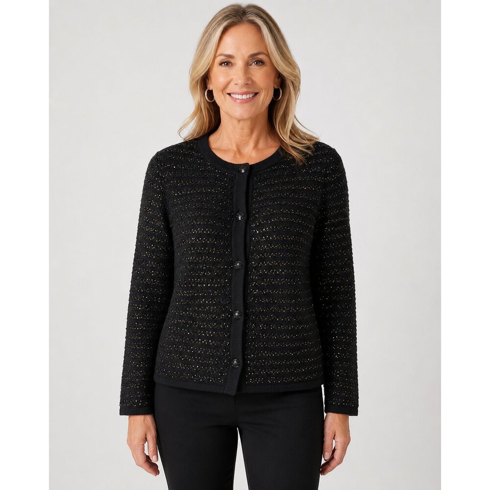Chico's Shine Crop Cardigan Sweater Black Sequin Knit Size 1 (M) NWT